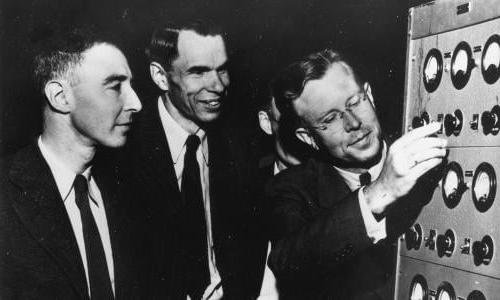 Dr. Ernest O. Lawrence, Director of the University of California Radiation Laboratory, Dr. Glenn T. Seaborg, head of the Chemistry Division of the Laboratory, and Dr. J. Robert Oppenheimer, a theoretical physicist on the Berkeley facility. c. 1946